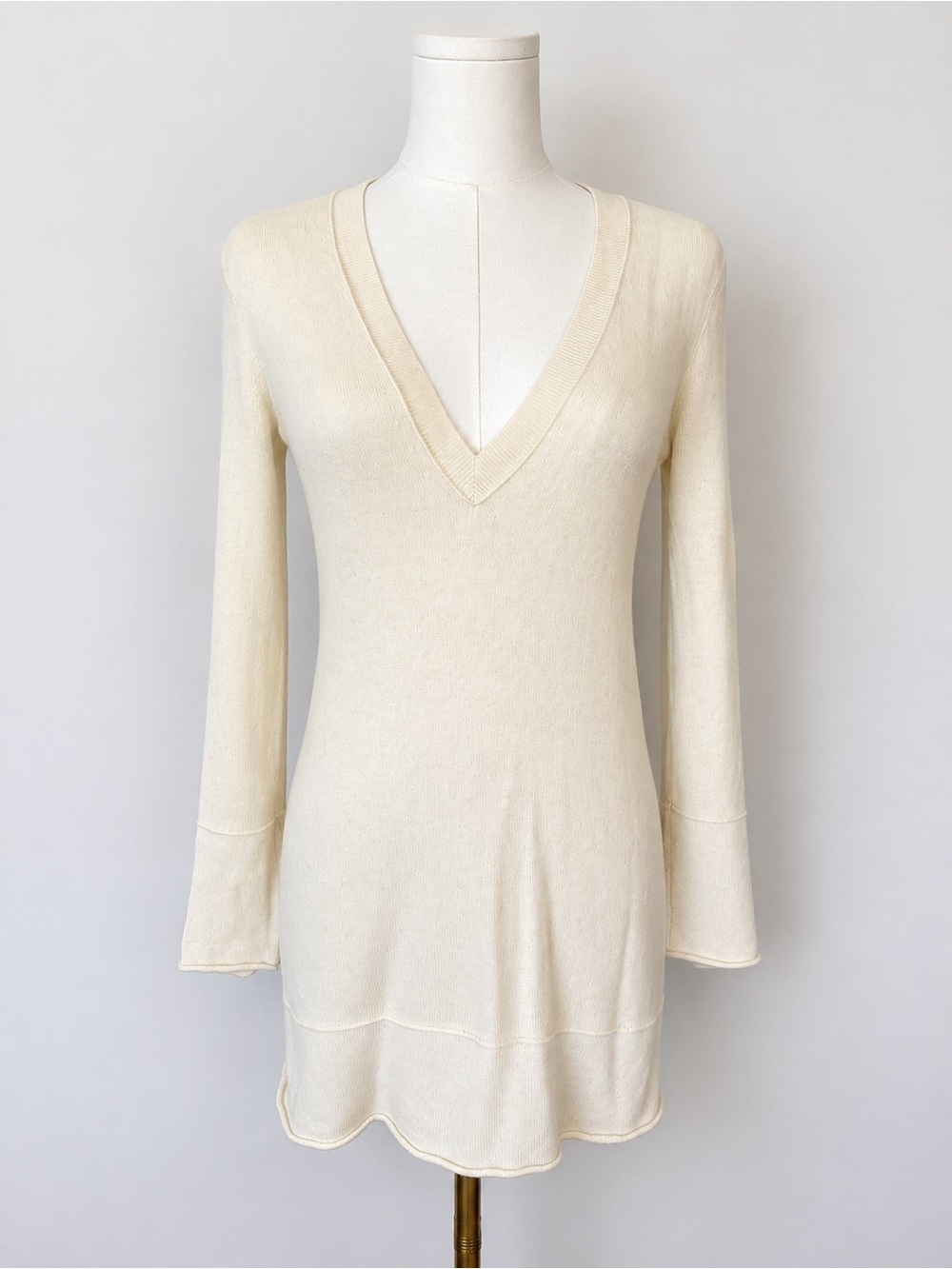 J.Crew Vintage 2008 Ivory Cashmere V Neck Tunic Sweater Flare Hem Y2K
